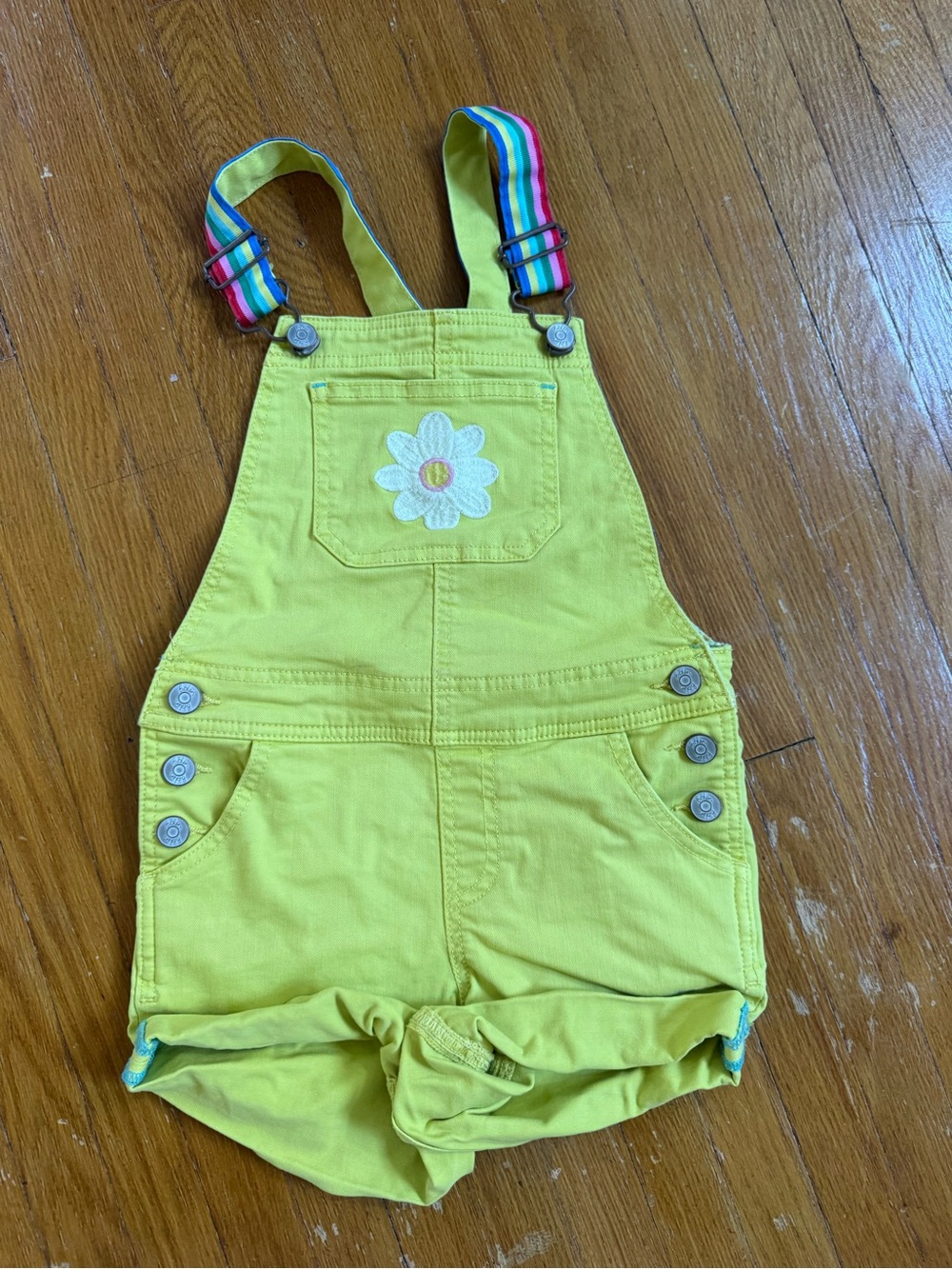 Kids Yellow Daisy Short Overalls with Rainbow Straps